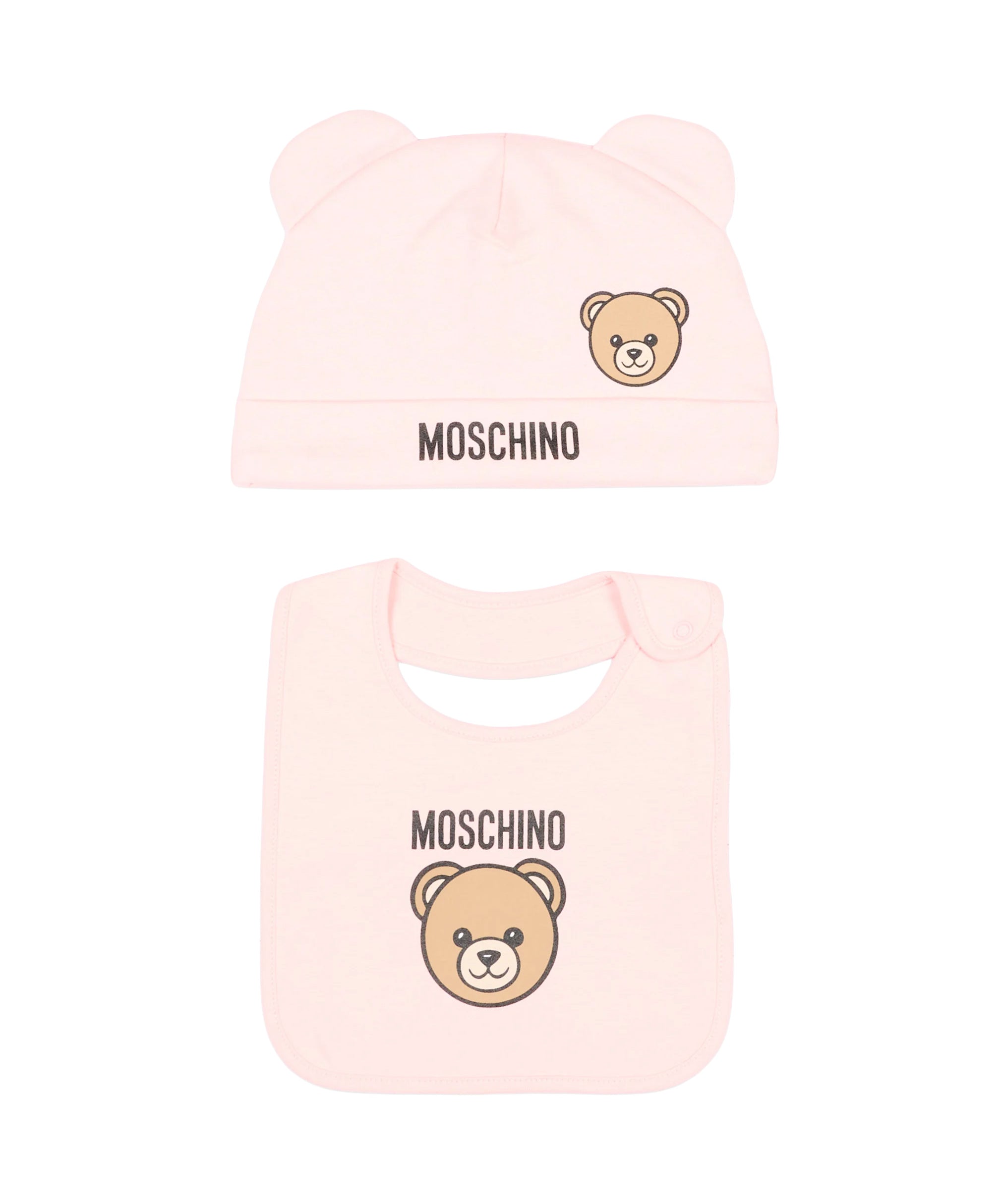 Moschino Kids Set Rosa con Cappellino e Bavaglino con Stampa Teddy Bear e Logo per Neonate