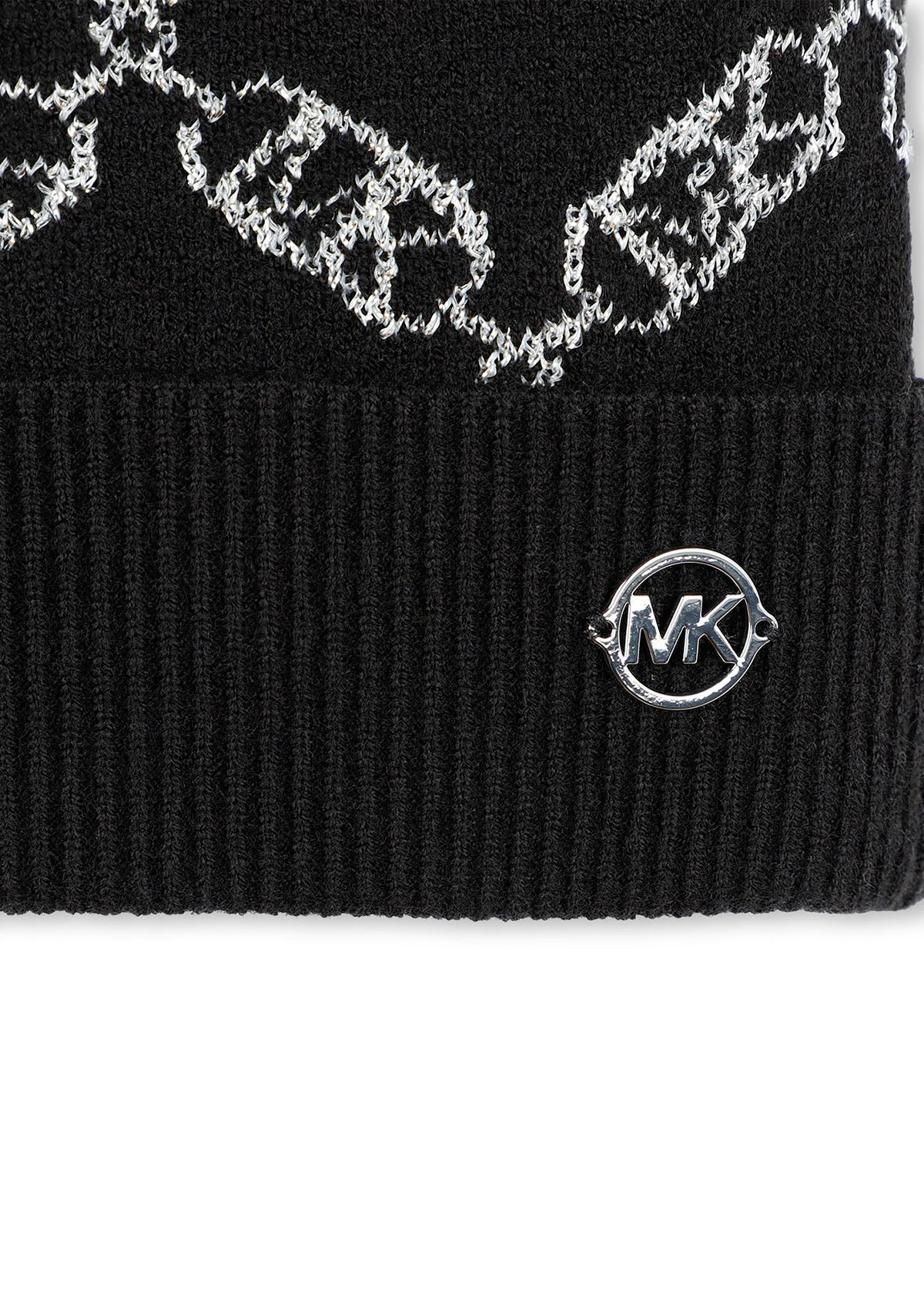 Michael Kors Kids Cappello Beanie Nero con Pon Pon per Bambine (dettaglio)
