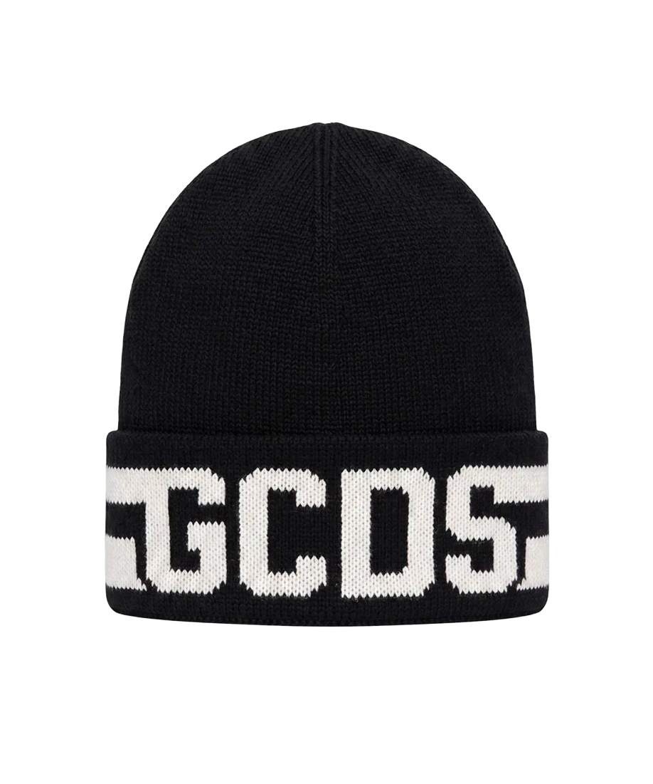 Gcds Kids Cappello Nero in Lana con Logo Bianco Unisex