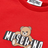 Moschino Kids Abito Rosso con Gonna Rouches e Logo Teddy Bear per Bambine