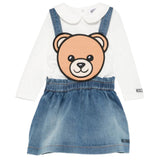 Moschino Kids T-Shirt Bianco + Salopette Teddy Gonna in Denim per Neonate
