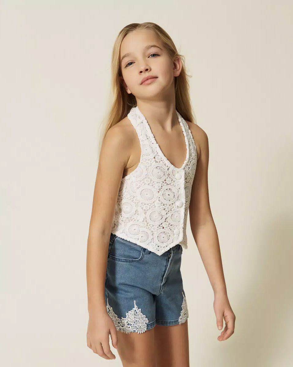 Twinset Kids Gilet Bianco in Pizzo per Bambine