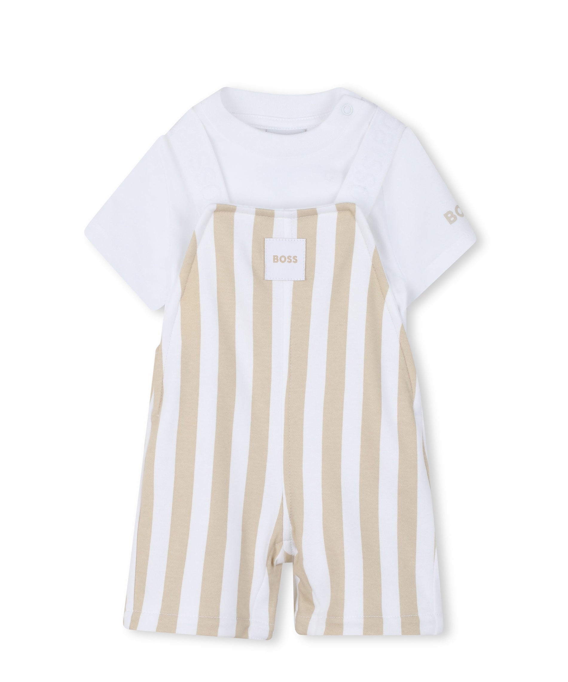 Boss Kids Completo Salopette e T-Shirt Beige/Bianco per Neonati