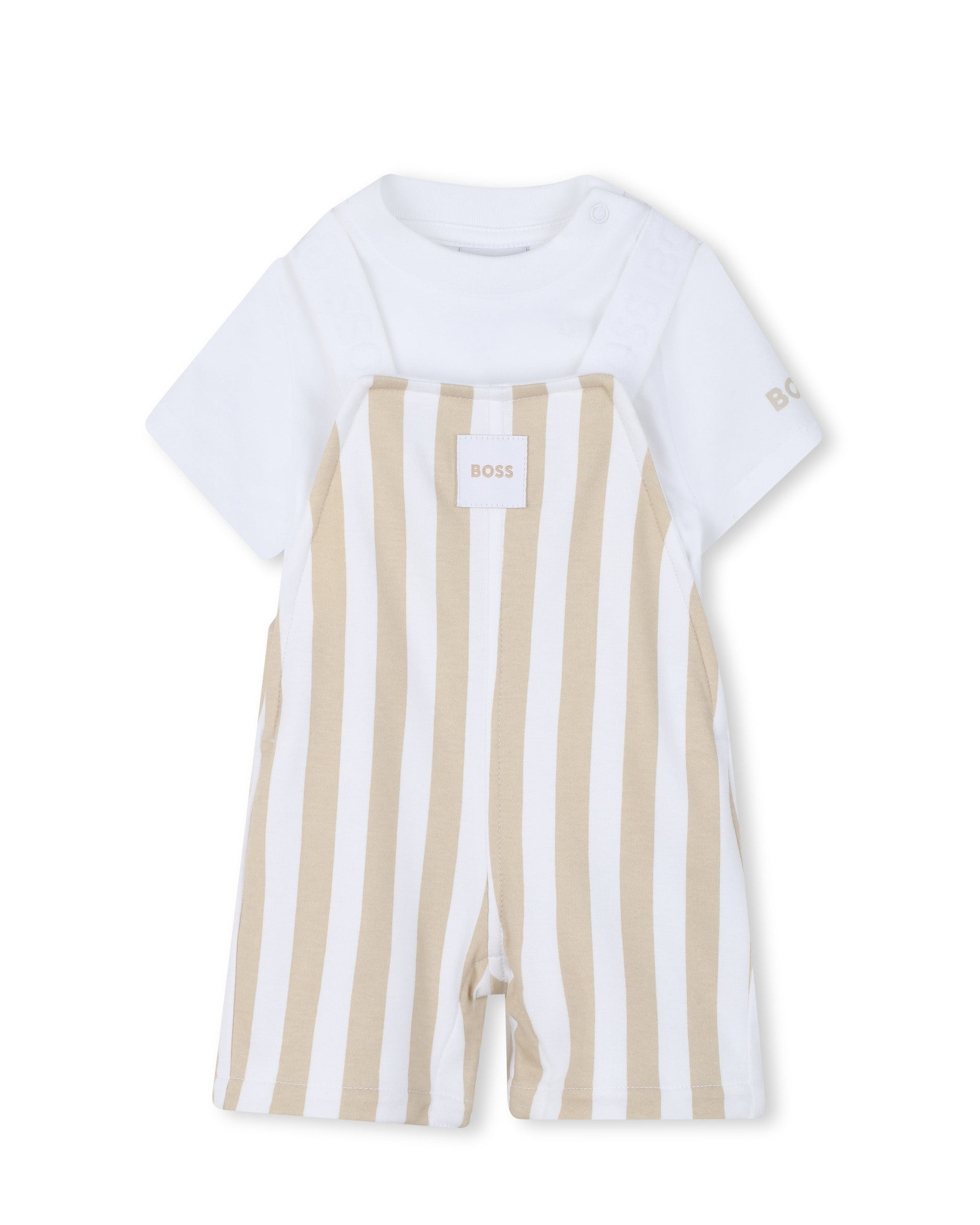 Boss Kids Completo Salopette e T-Shirt Beige/Bianco per Neonati
