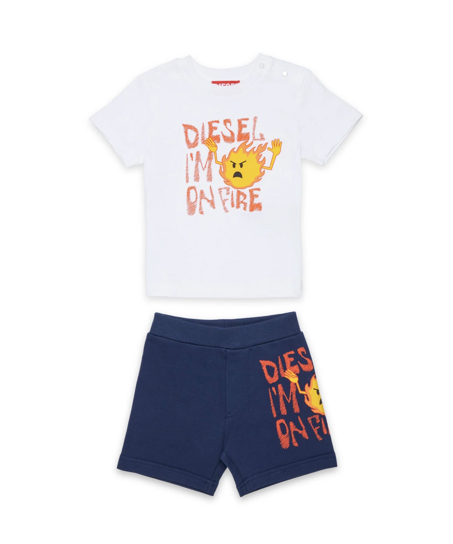 Diesel Kids Completo Bianco e Denim con Stampa per Neonati