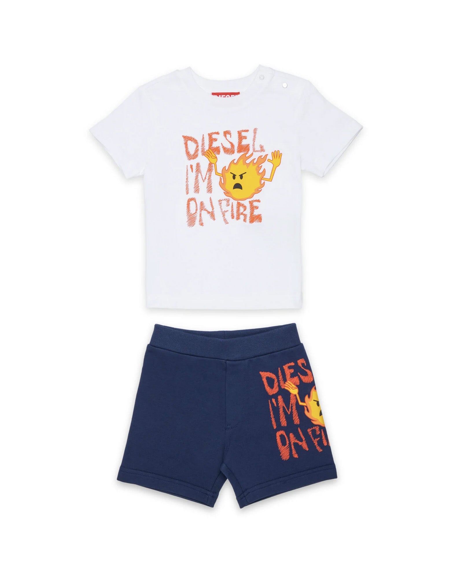 Diesel Kids Completo Bianco e Denim con Stampa per Neonati