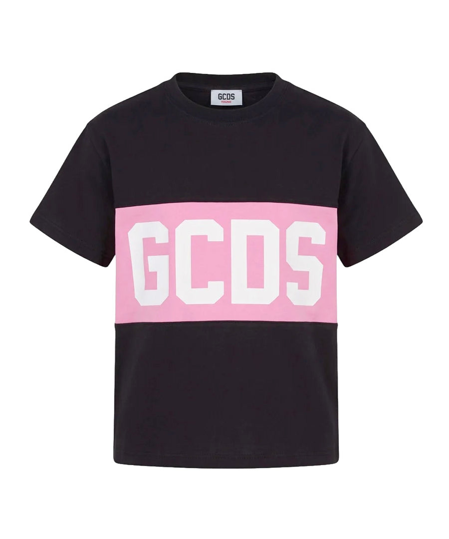 Gcds Kids T-Shirt Nero con Banda Logata Rosa per Bambine