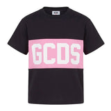Gcds Kids T-Shirt Nero con Banda Logata Rosa per Bambine