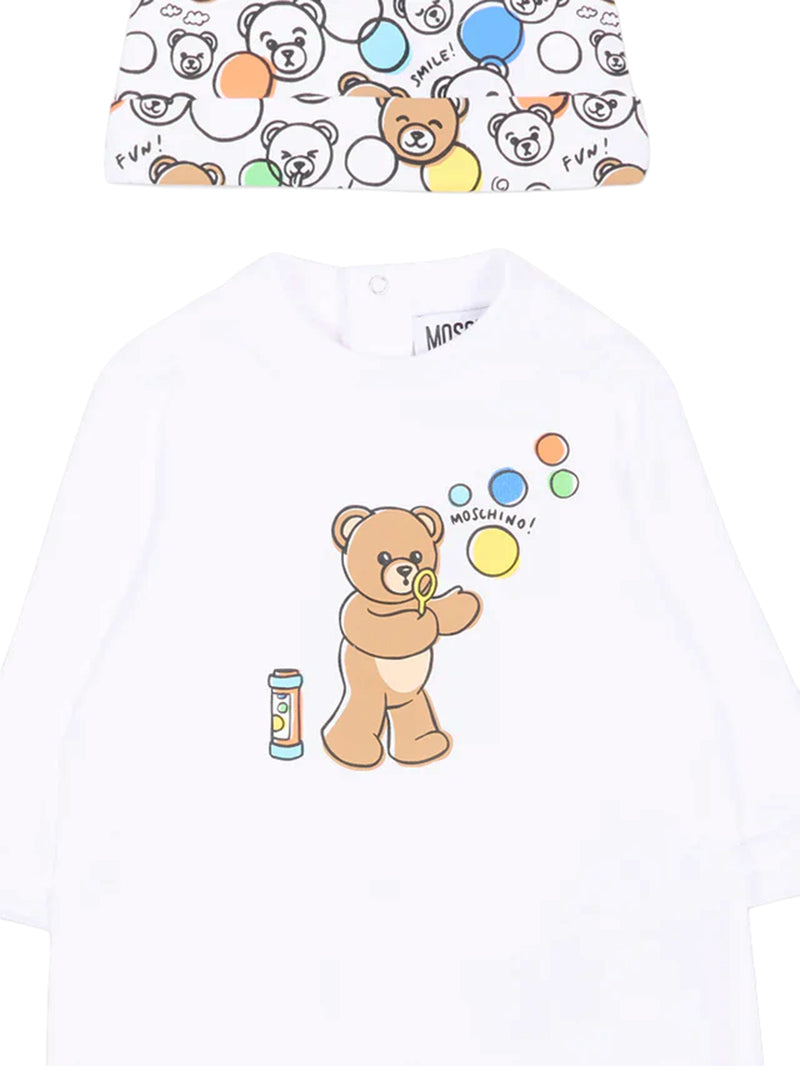 Moschino Kids Tutina+Cappellino Bianco/Fantasia con Teddy Bear per Neonati