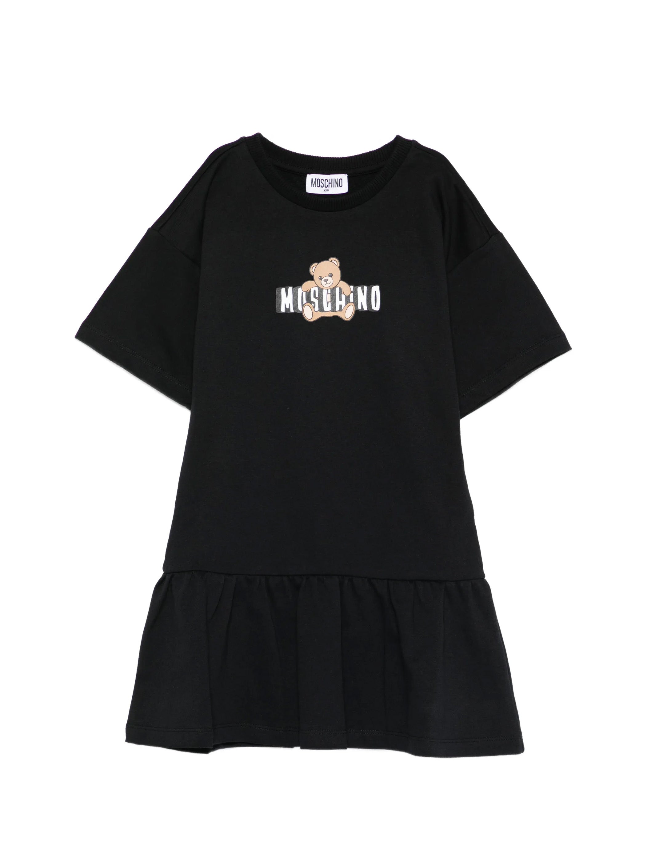 Moschino Kids Abito Nero con Gonna Rouches e Logo Teddy Bear per Bambine