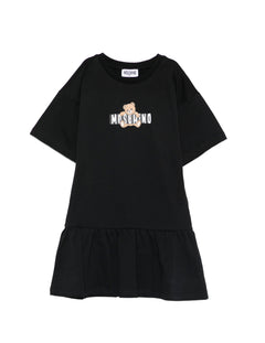 Moschino Kids Abito Nero con Gonna Rouches e Logo Teddy Bear per Bambine