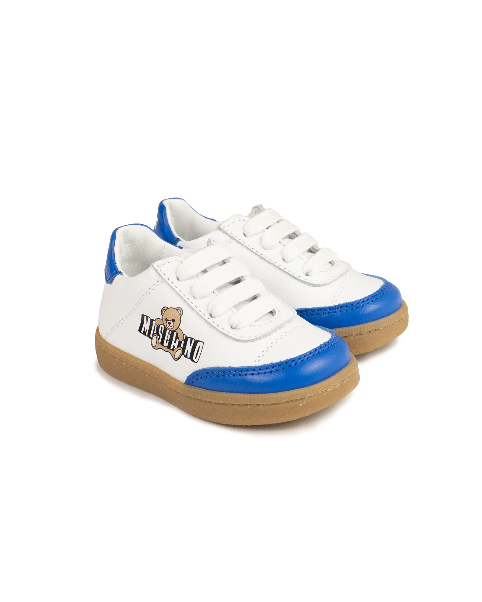 Moschino Kids Sneaker Bianco e Azzurro con Logo Teddy