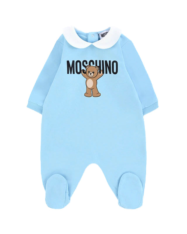 Moschino Kids Tutina Celeste con Logo per Neonati