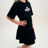 Moschino Kids Abito Nero con Gonna Rouches e Logo Teddy Bear per Bambine