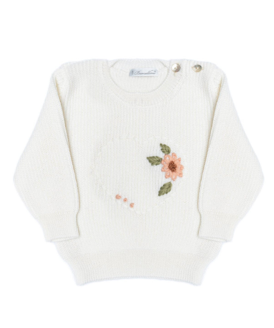 Barcellino Kids Maglia in Filo Panna con Ricamo Floreale per Neonate