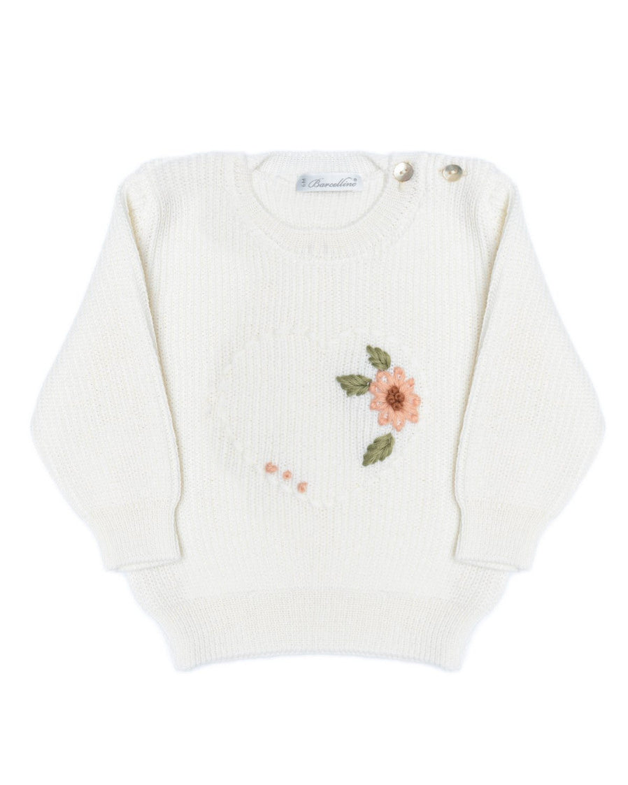 Barcellino Kids Maglia in Filo Panna con Ricamo Floreale per Neonate