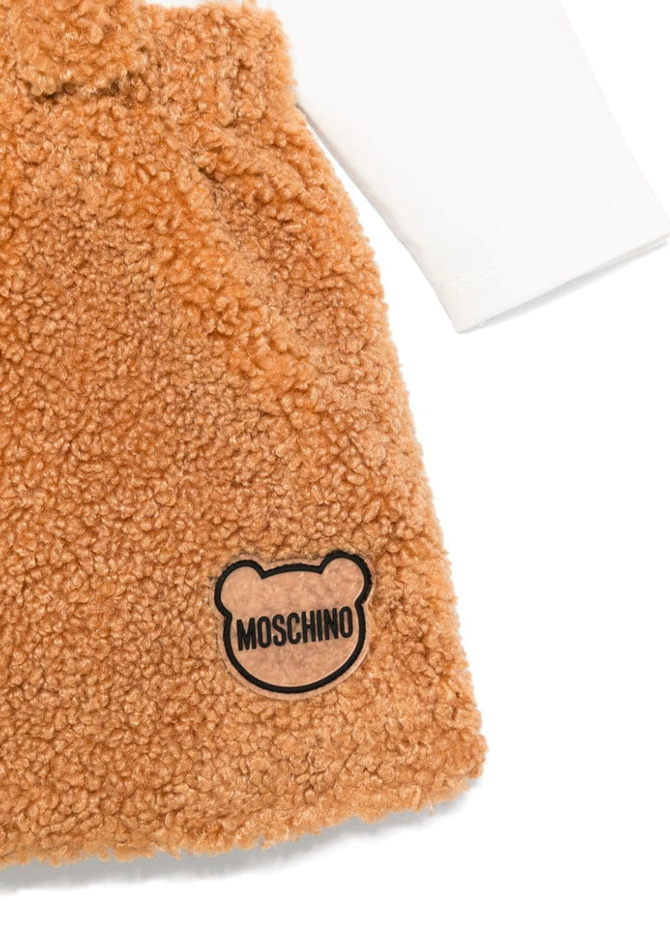 Moschino Kids Completo Gonna Salopette Peluche con T-shirt Panna per Neonate (dettaglio)