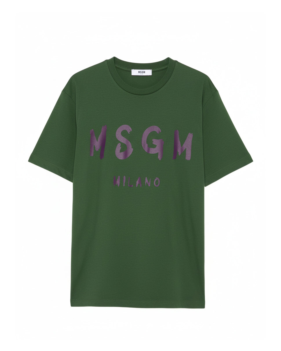 MSGM Kids T-shirt Verde con Stampa Logo a Contrasto per Bambini