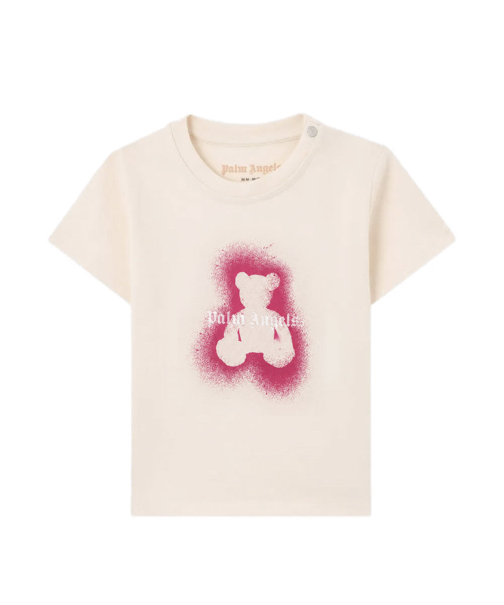 Palm Angels Kids T-Shirt Off-White con Stampa Teddy e Logo per Neonate