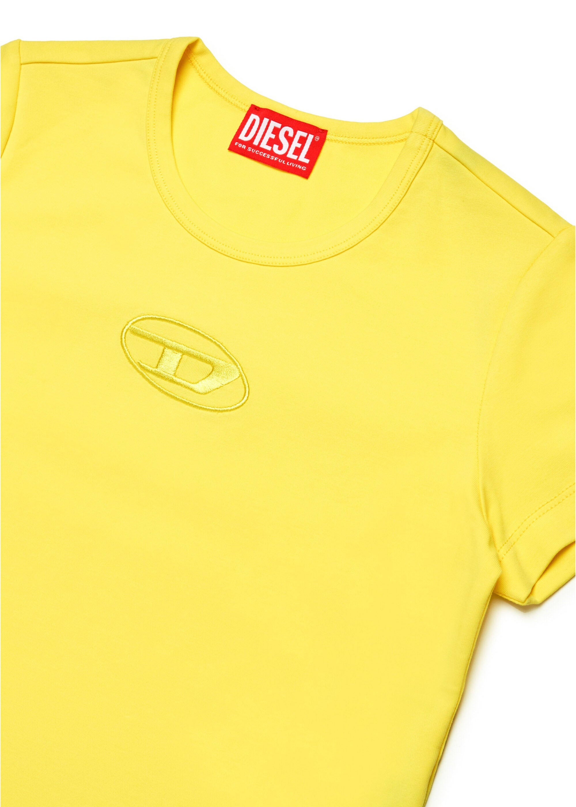 Diesel Kids T-shirt Gialla con Ricamo Oval D per Bambine (dettaglio)