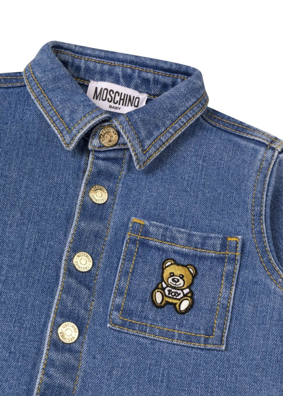 Moschino Kids Camicia Denim Light Blue con Ricamo Teddy Bear per Neonati (dettaglio)