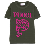 Emilio Pucci Kids T-Shirt Verde con Logo Fuxia per Bambine