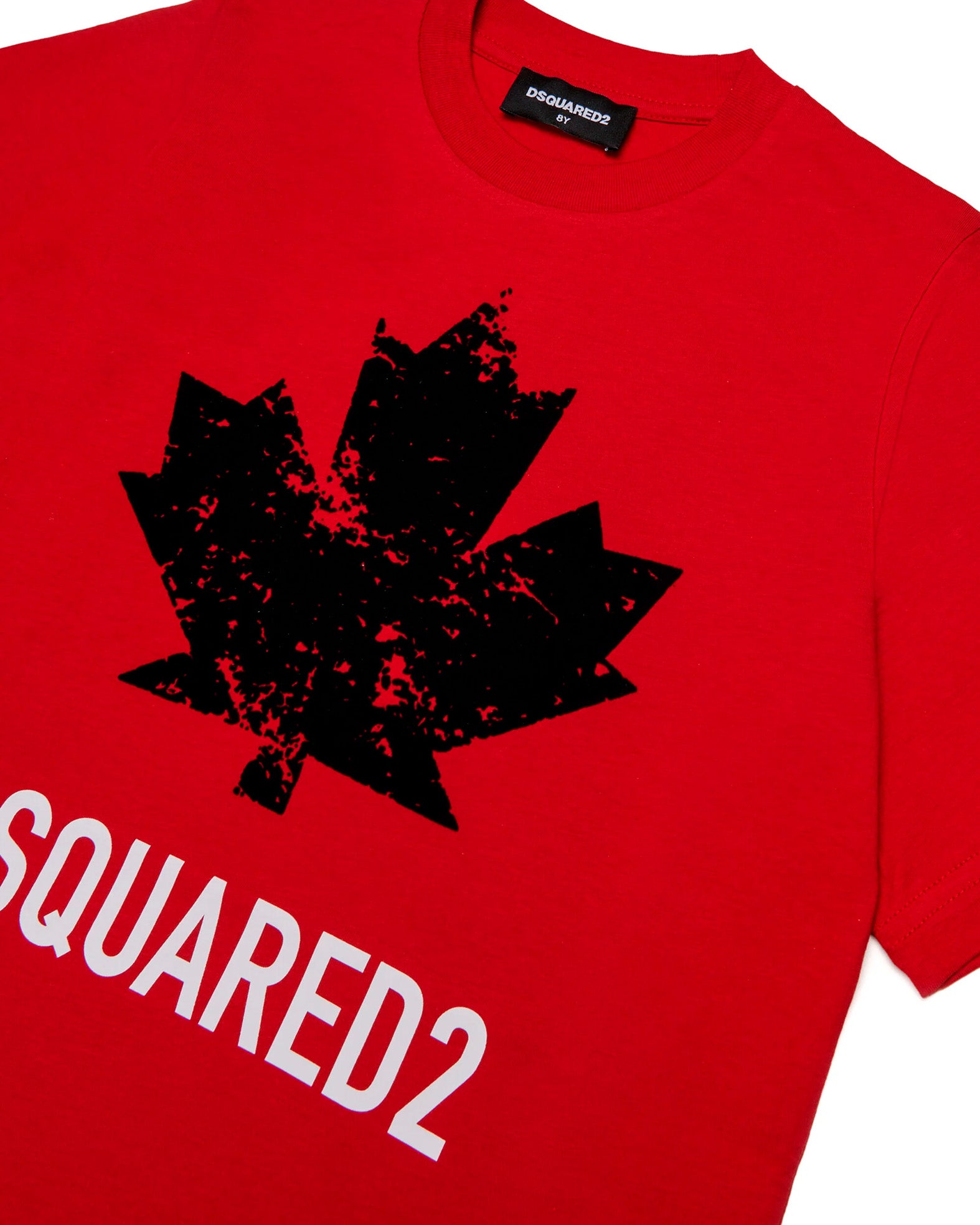 Dquared2 Kids T-shirt Rossa  con Stampa Logo Foglia a Contrasto Nera per Bambini