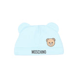 Moschino Kids Set Celeste con Cappellino e Bavaglino con Stampa Teddy Bear e Logo Unisex
