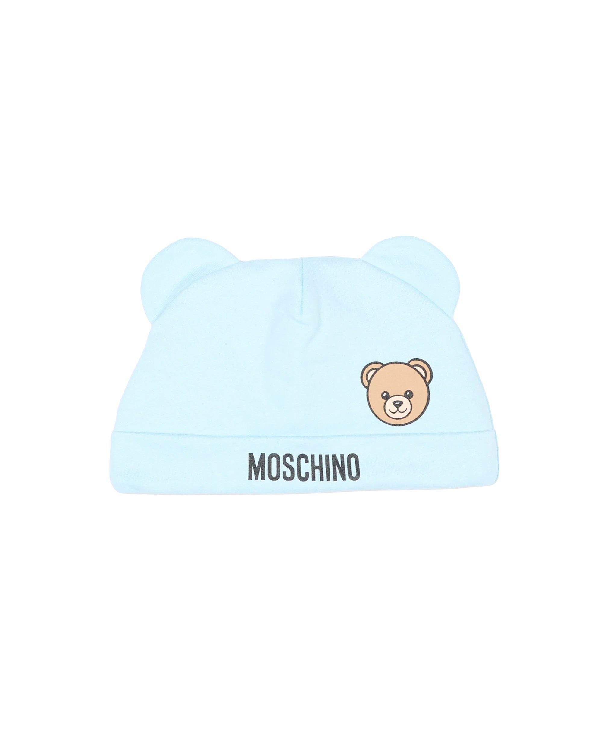 Moschino Kids Set Celeste con Cappellino e Bavaglino con Stampa Teddy Bear e Logo Unisex