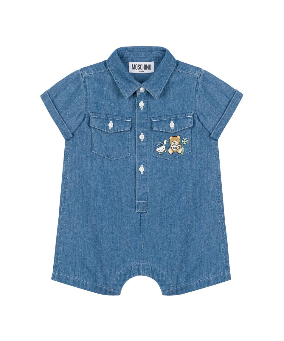 Moschino Kids Tutina in Denim con Stampa per Neonati