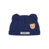 Moschino Kids Set Cappello e Bavetta con Logo Teddy Blu Navy per Neonati