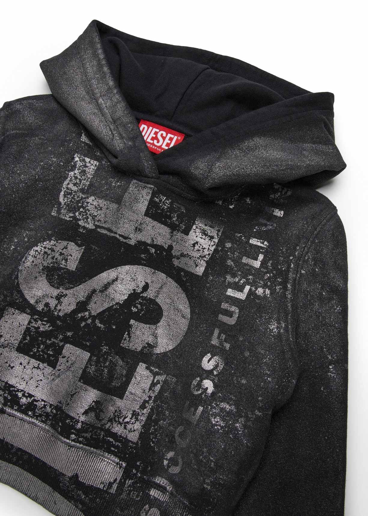 Diesel Kids Felpa con Cappuccio Nera Old Effect per Bambine
