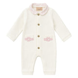 Elisabetta Franchi Kids Tutina in Cotone Avorio con Colletto Peter Pan Rosa per Neonate