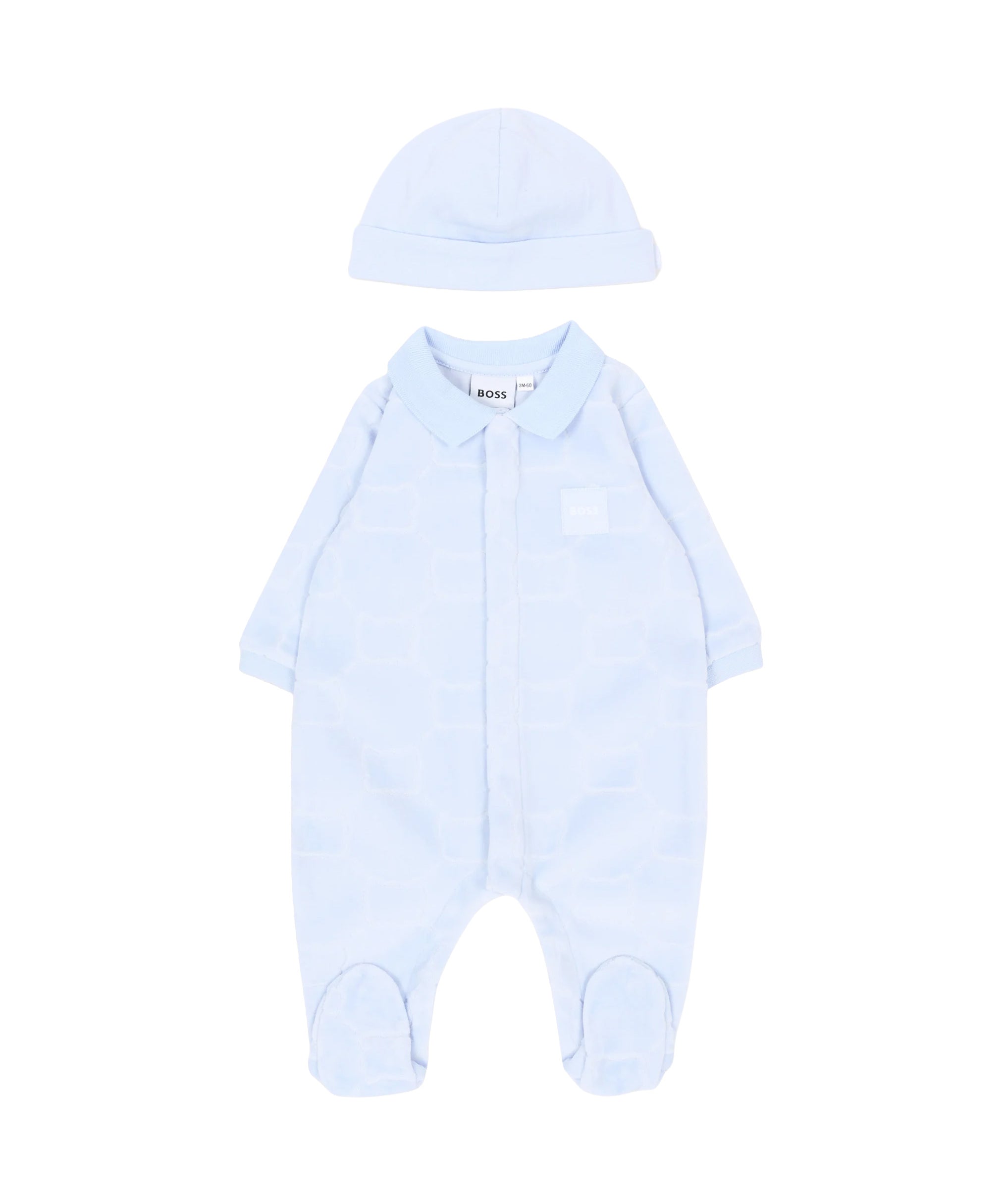 BOSS Kids Set Nascita Azzurro con Tutina in Ciniglia con Orsetti e Cappellino per Neonati