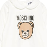 Moschino Kids Tutina Panna in Cotone con Colletto e Stampa Teddy Bear e Logo Unisex