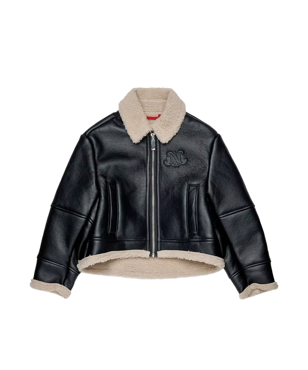 Max&Co Kids Giacca Shearling Nera con Collo in Montone e Logo Monogramma per Bambine