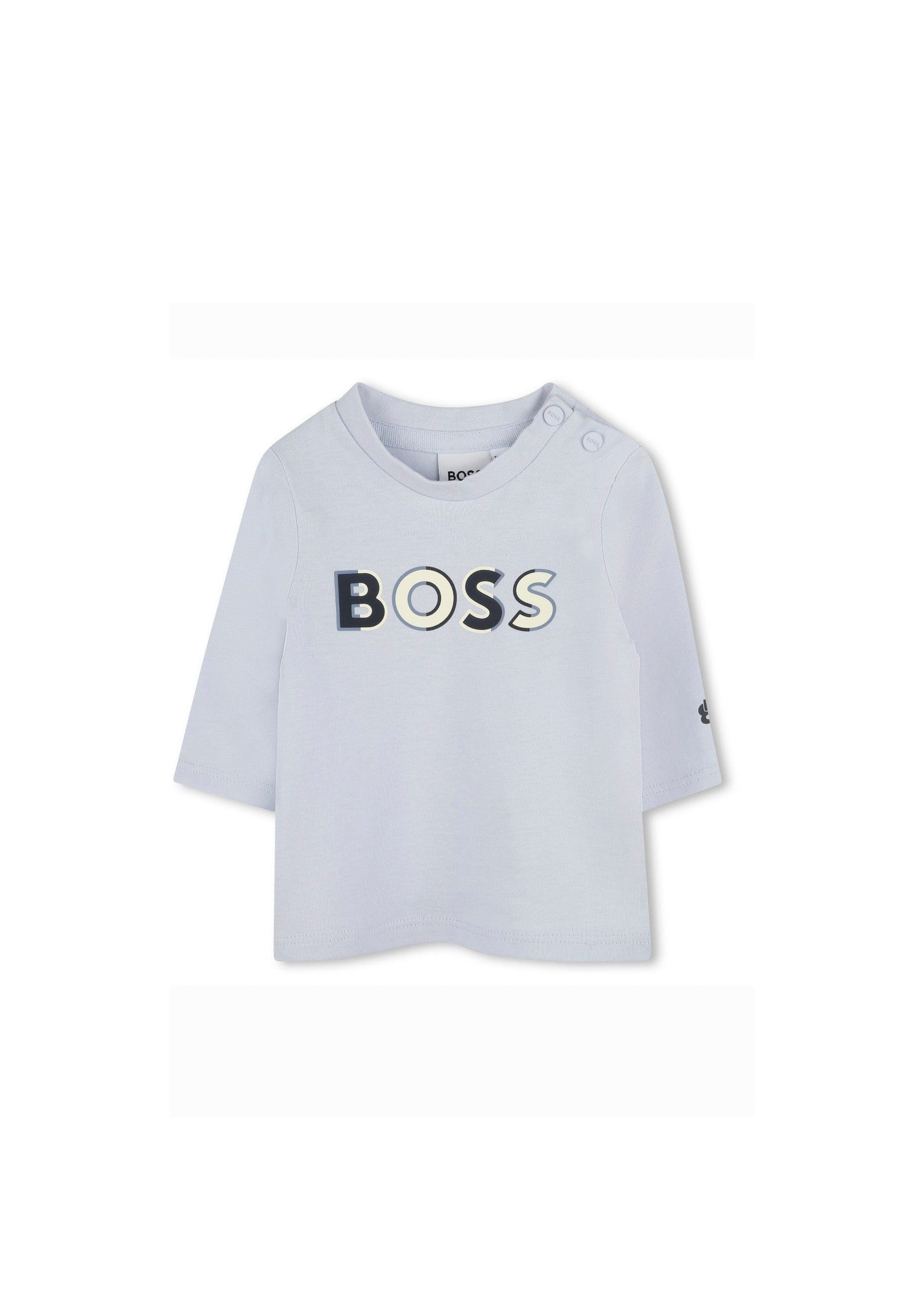 Boss Kids T-shirt Manica Lunga Celeste con Scritta per Neonati