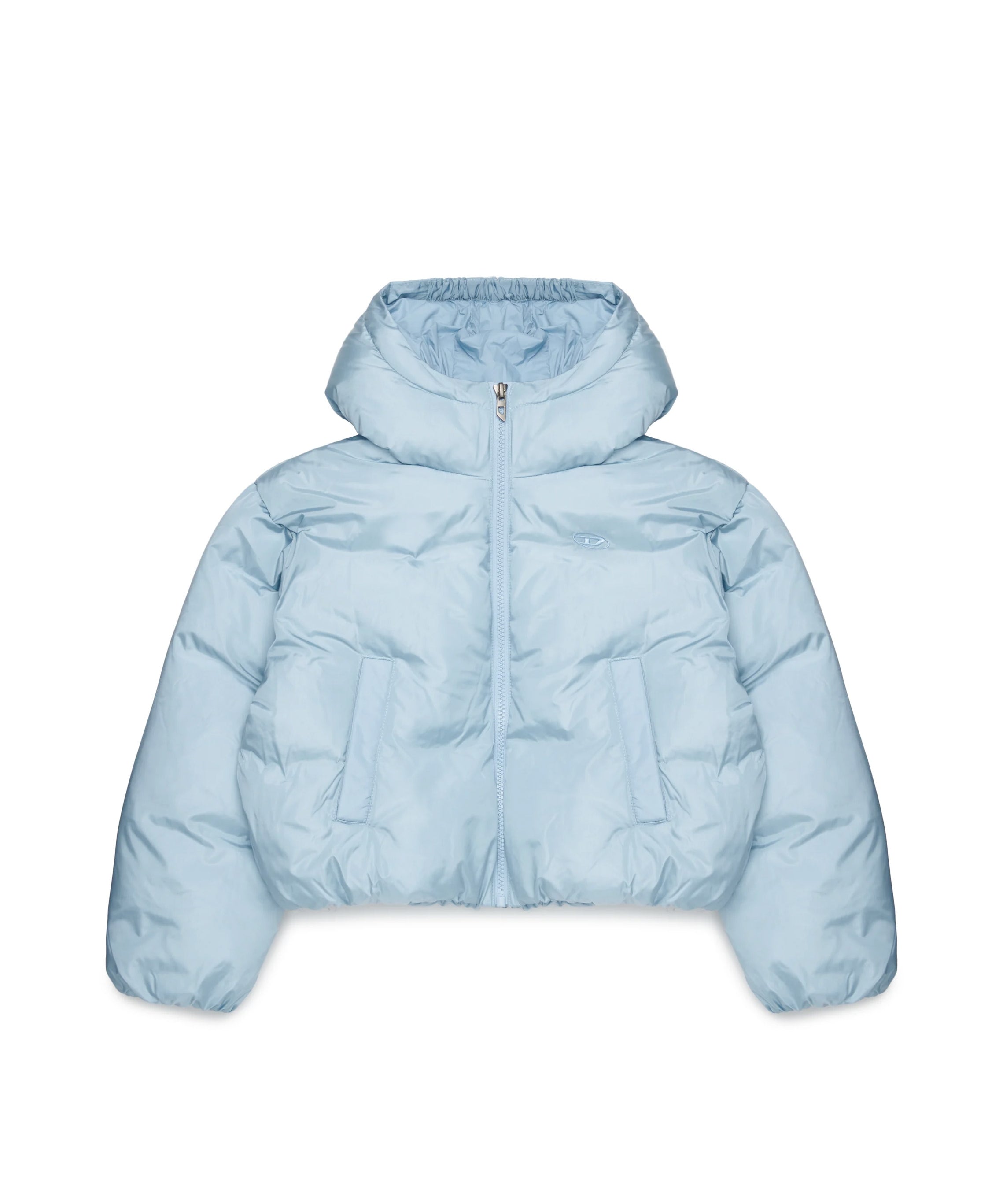 Diesel Kids Piumino Cropped Azzurro con Cappuccio e Logo Oval per Bambine