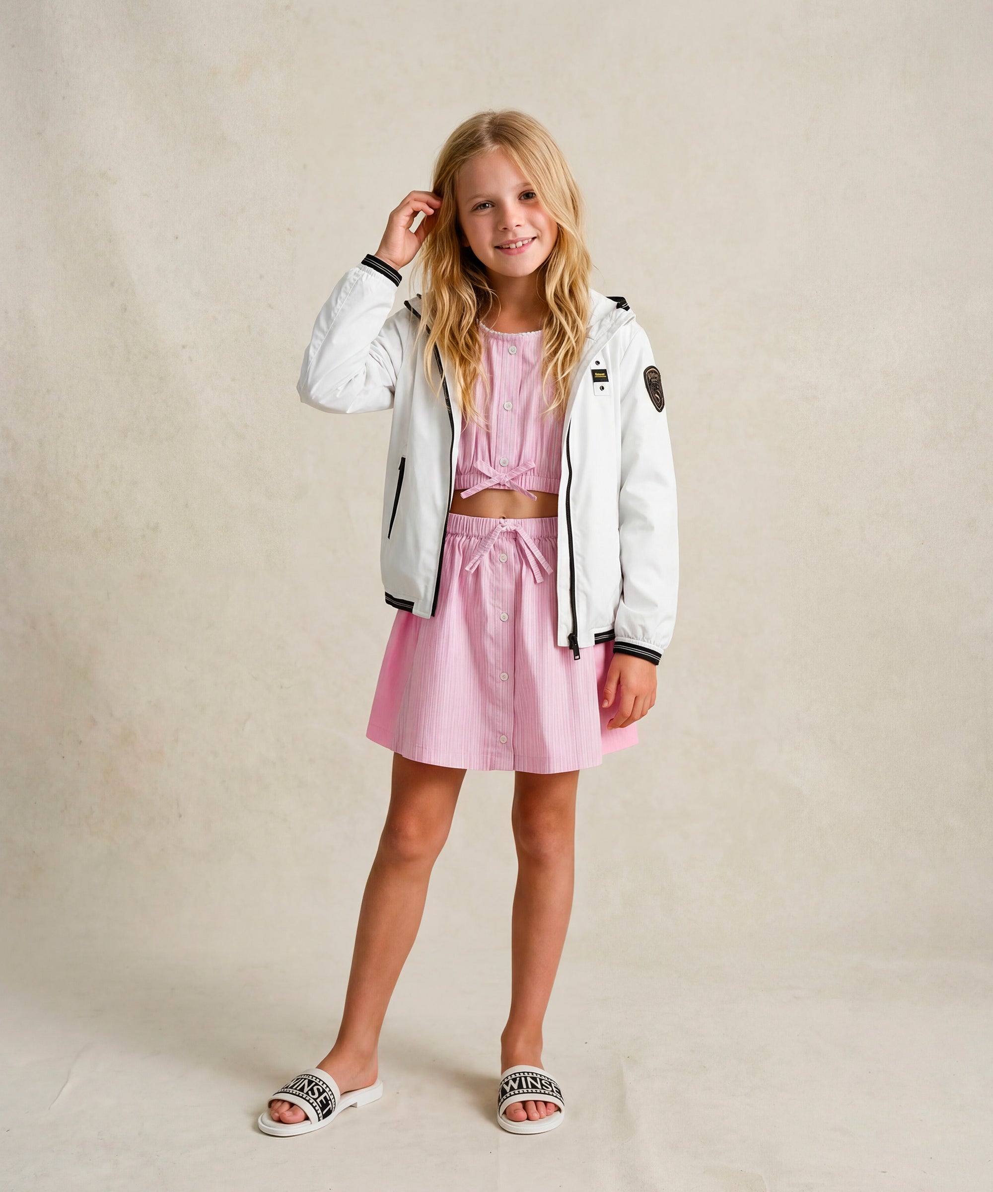 Vicolo Kids Gonna Rosa a Righe con Applicazione Bottoni per Bambine