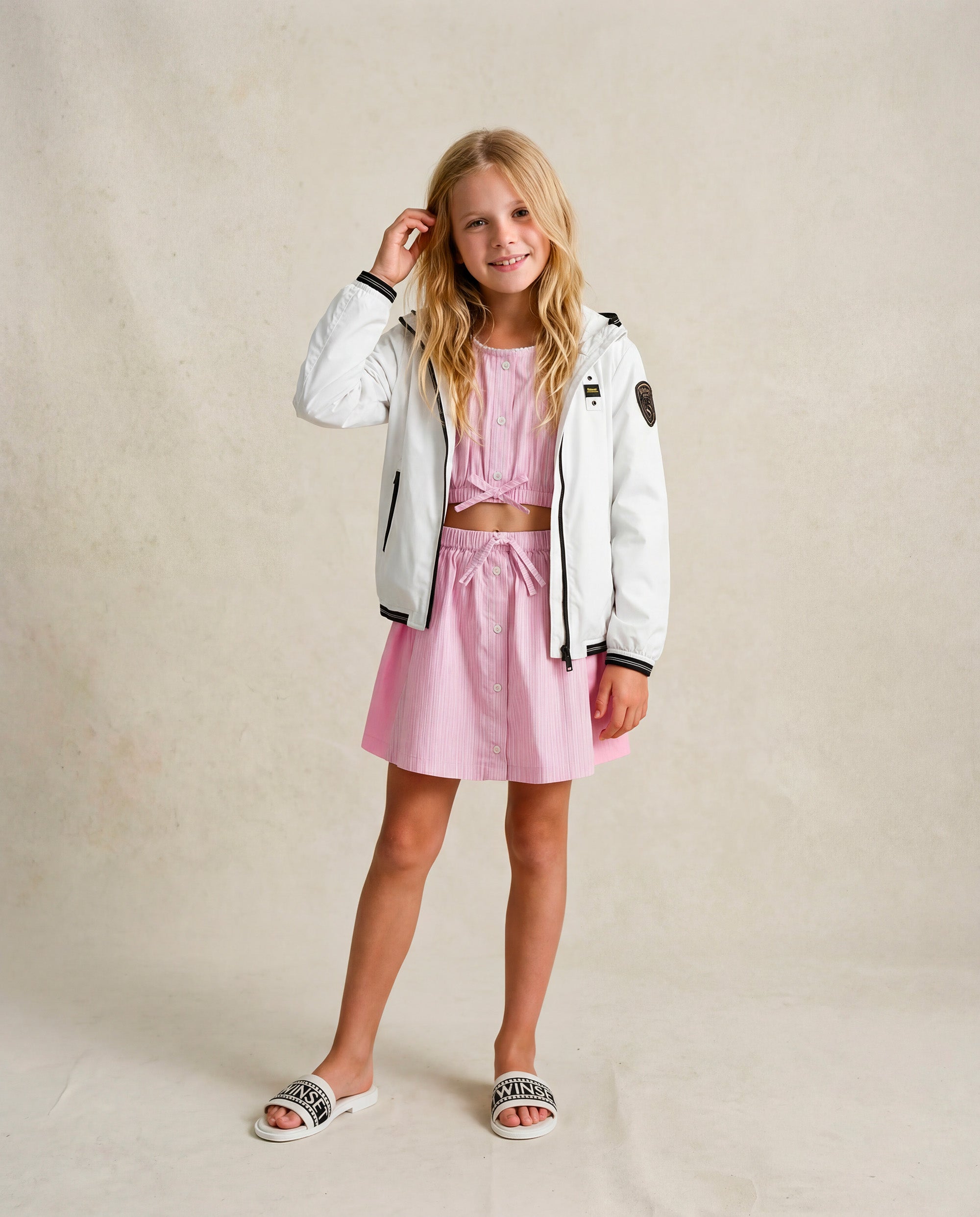 Vicolo Kids Gonna Rosa a Righe con Applicazione Bottoni per Bambine