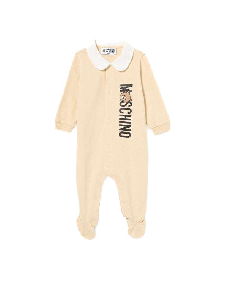 Moschino Kids Tutina Beige con Logo Vertical per Neonati