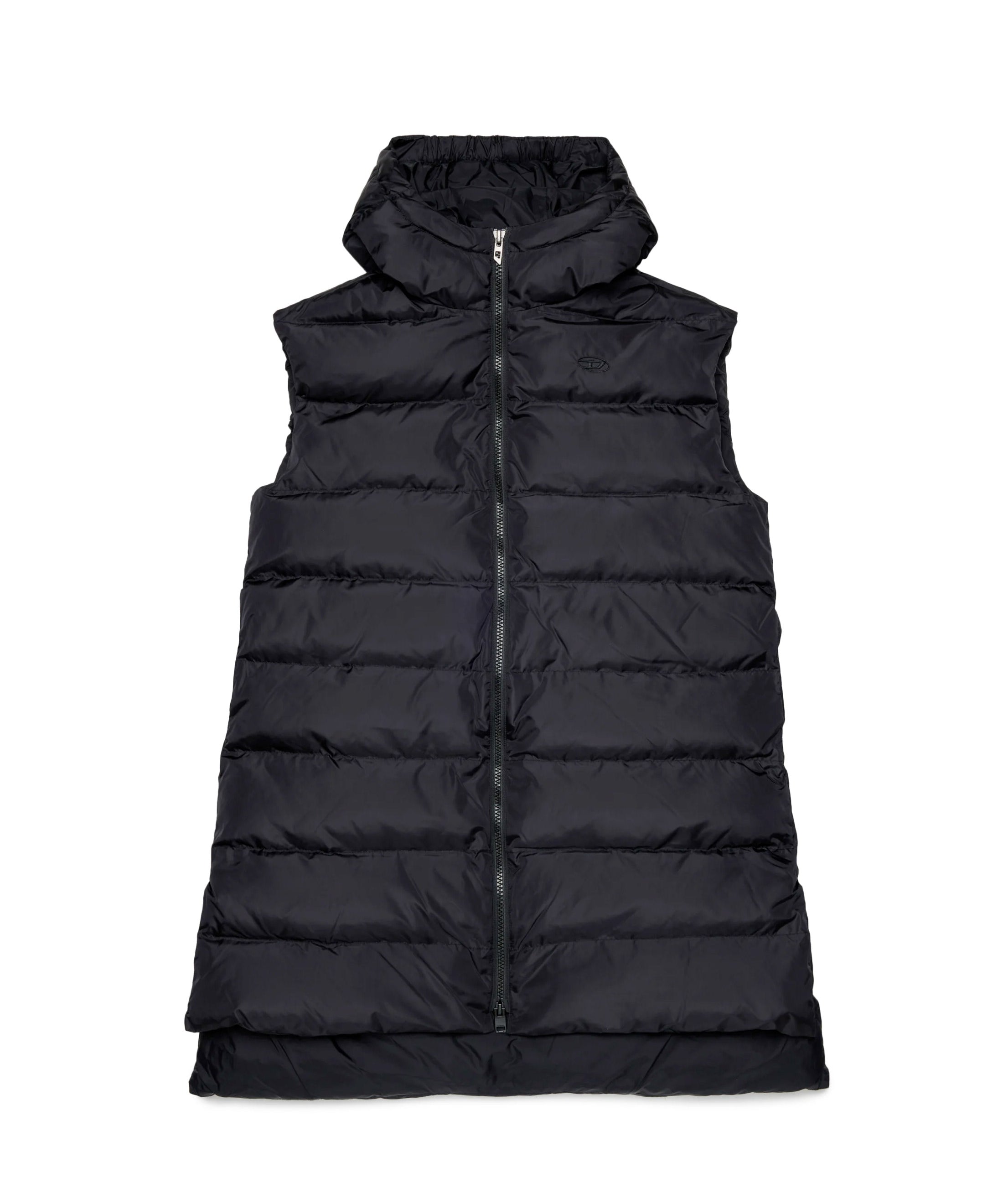 Diesel Kids Giubbino Smanicato Lungo Nero con Cappuccio e Logo Oval per Bambine