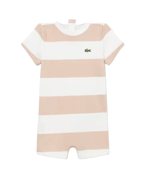 Lacoste Kids Pagliaccetto a Righe Bianco e Beige per Neonati