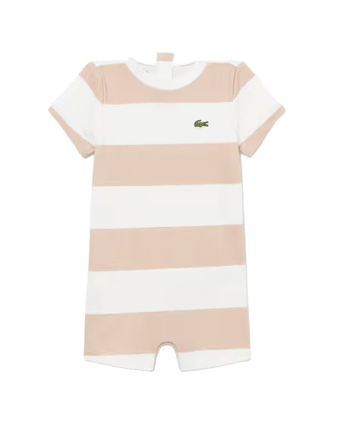 Lacoste Kids Pagliaccetto a Righe Bianco e Beige per Neonati