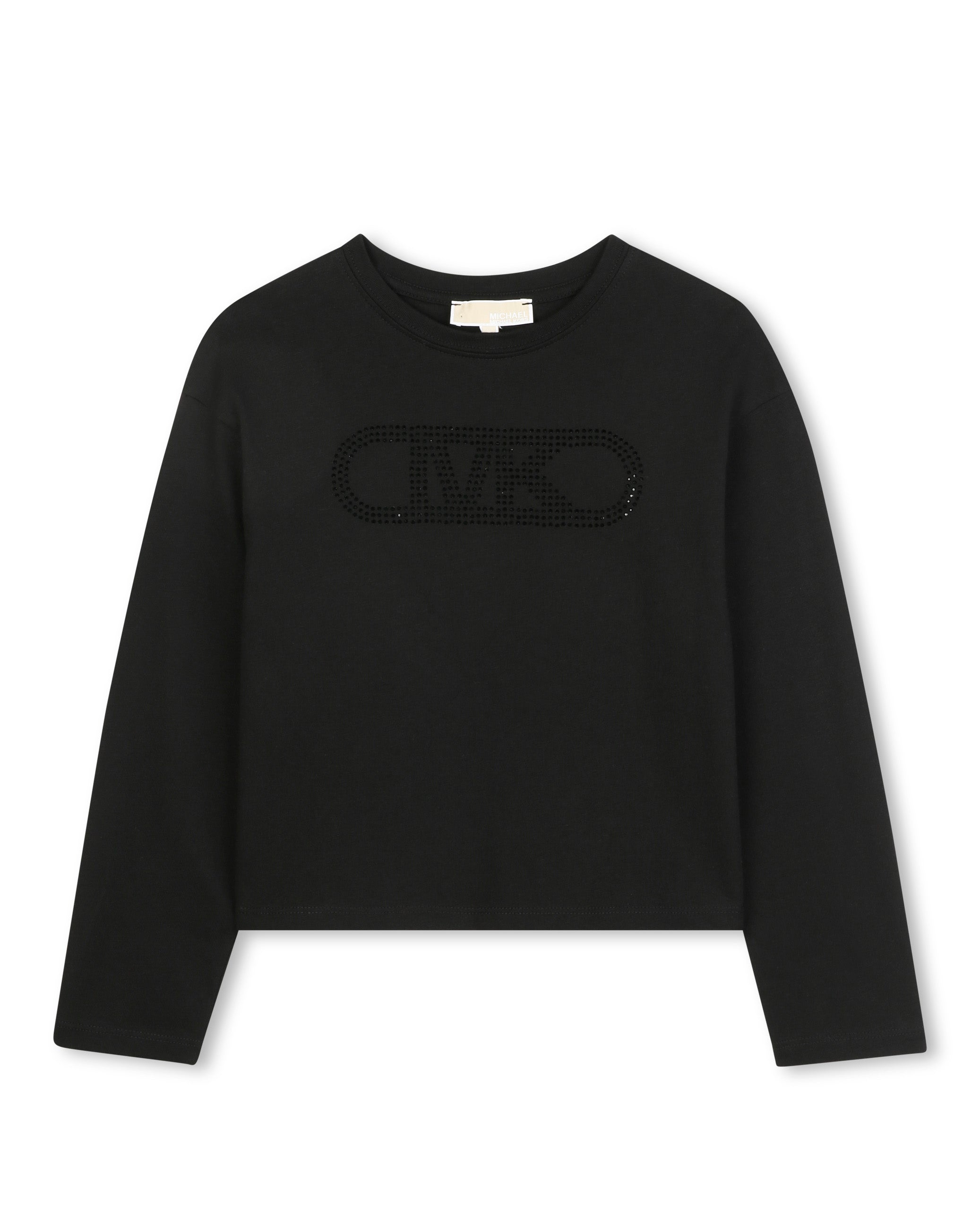 Michael Kors Kids T-shirt Nera Maniche Lunghe con Logo Strass a Contrasto per Bambine