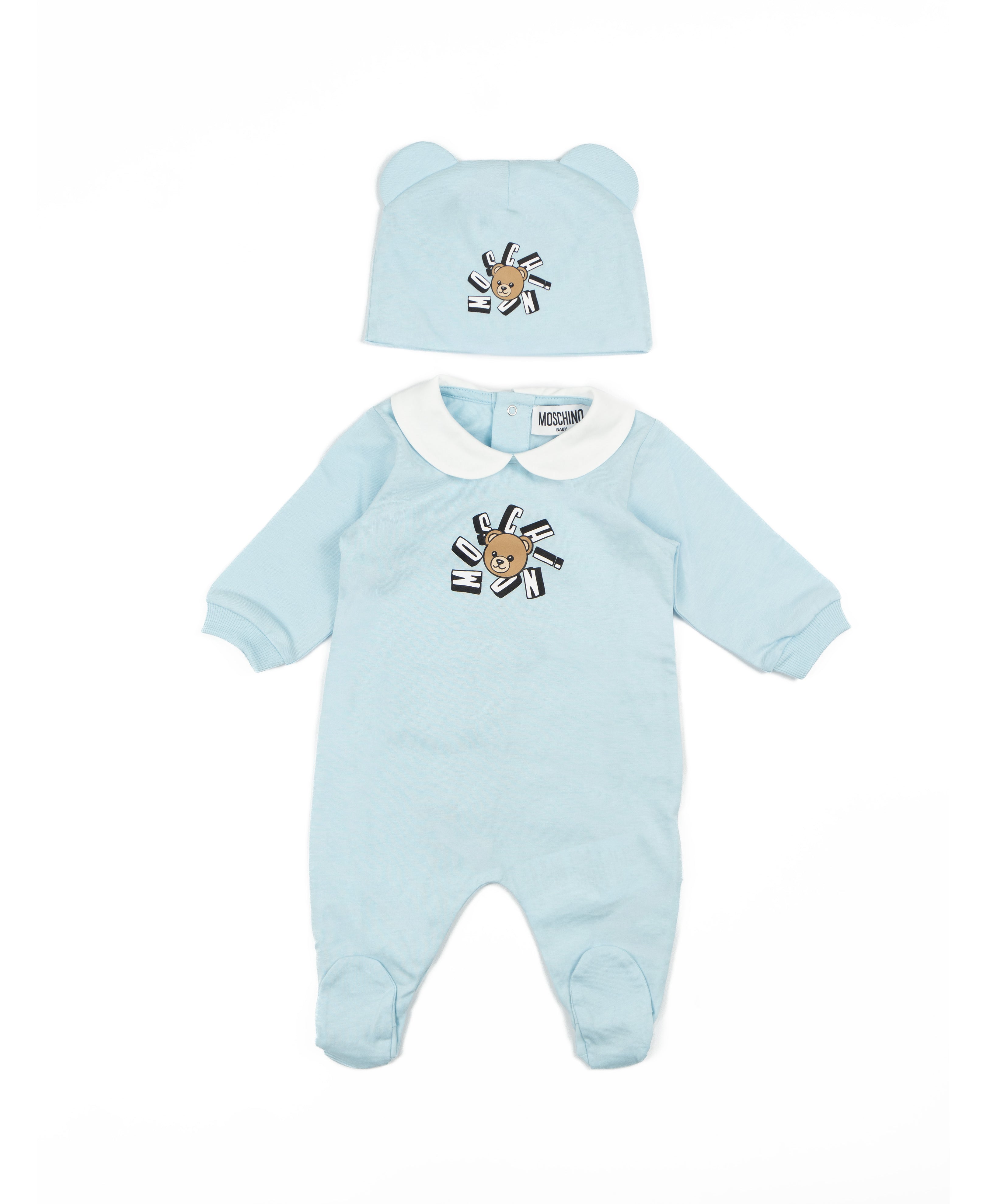 Moschino Kids Set 2pz. Tutina e Cappellino Celeste e Logo Teddy per Neonati