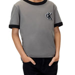 Calvin Klein Kids T-Shirt Grigia con Dettagli Neri a Contrasto e Patch Logo a Contrasto per Bambini