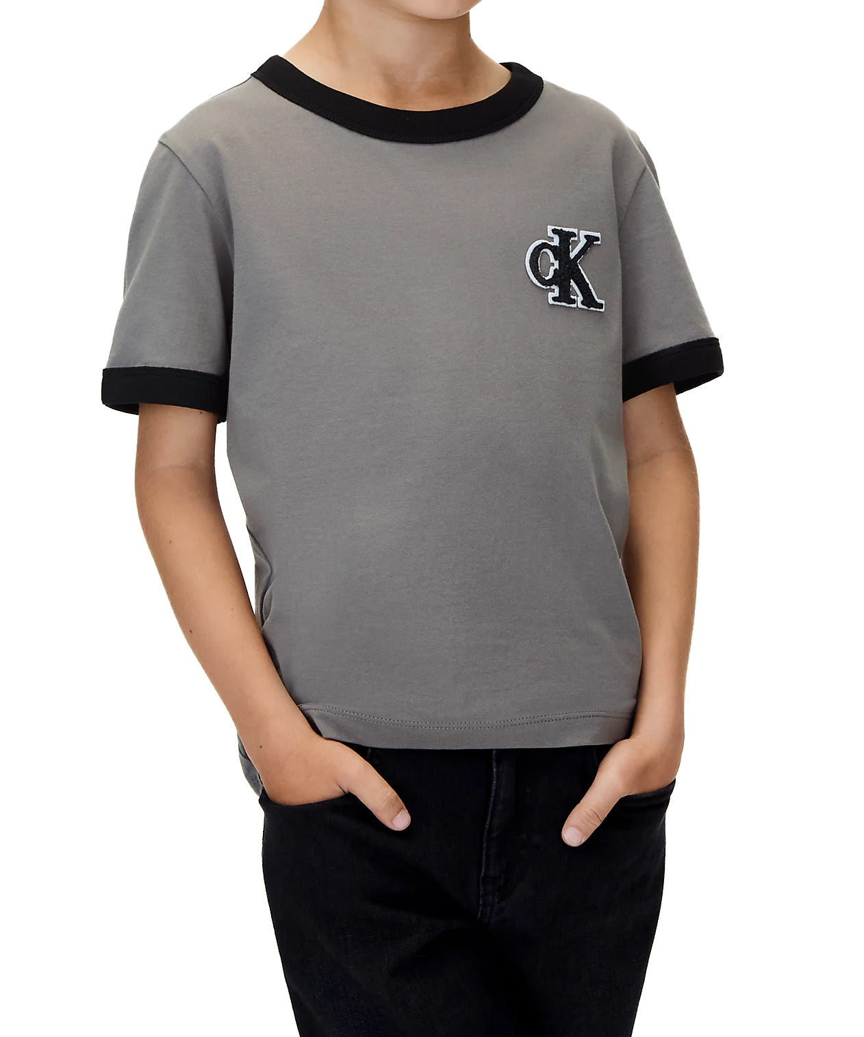 Calvin Klein Kids T-Shirt Grigia con Dettagli Neri a Contrasto e Patch Logo a Contrasto per Bambini