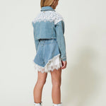 Twinset Kids Giacca Crop in Denim con Pizzo 