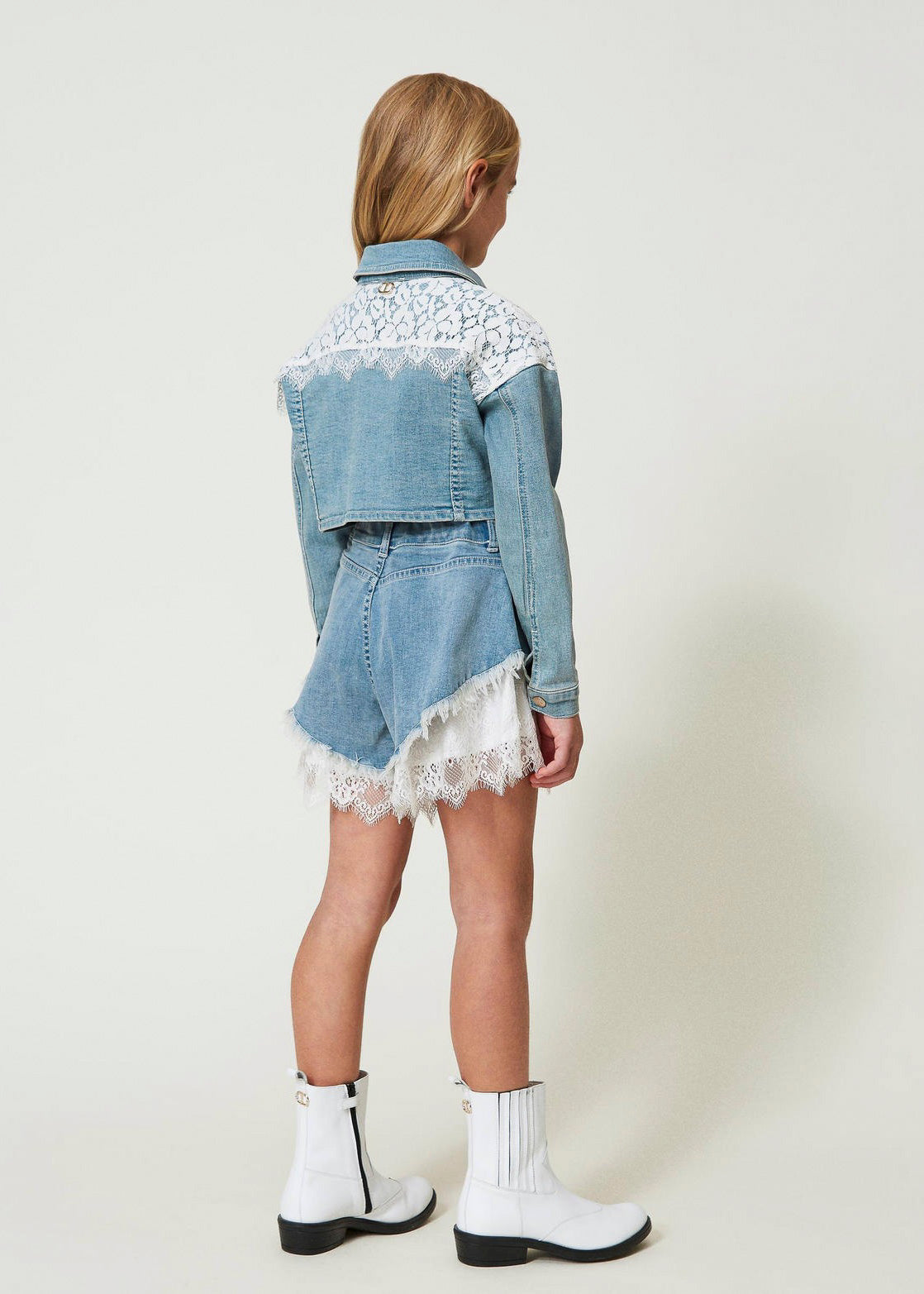 Twinset Kids Giacca Crop in Denim con Pizzo 